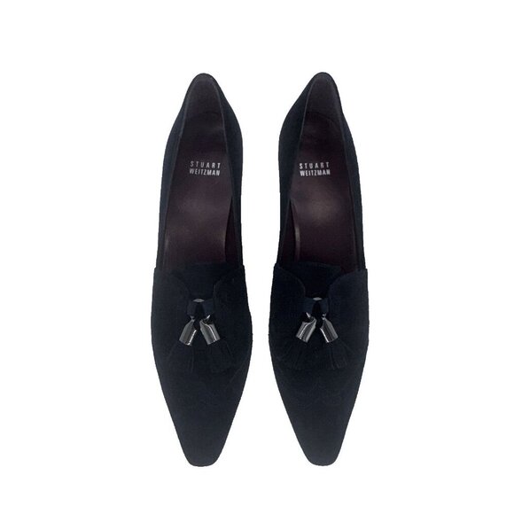 Stuart Weitzman Woman’s Suede Leather heel Navy Tassel Heels 9 - Picture 2 of 12